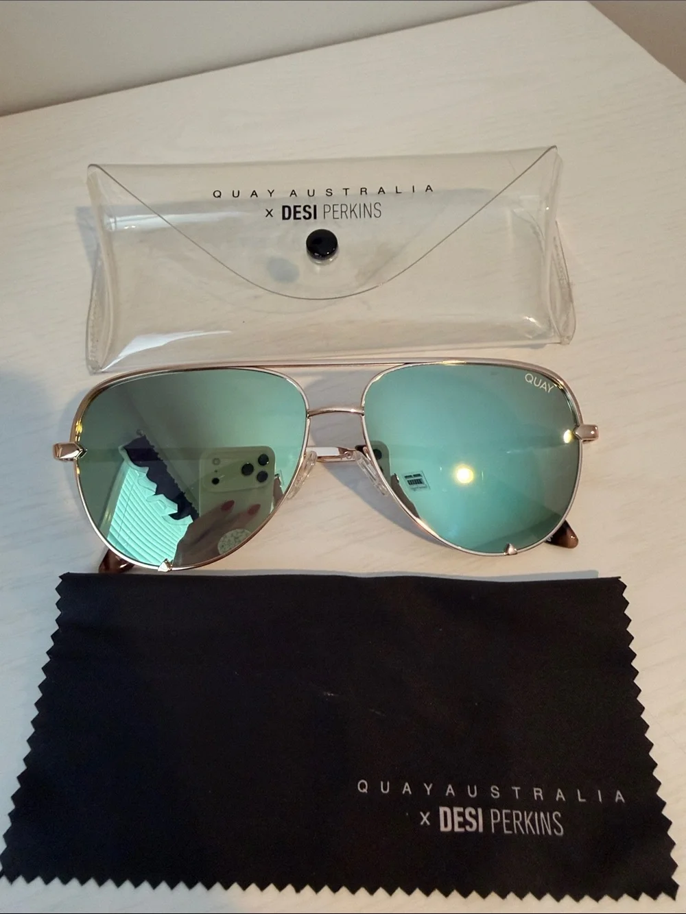 Quay Australia Aviator Sunglasses with Green Mirrored Lenses and Gold Frame